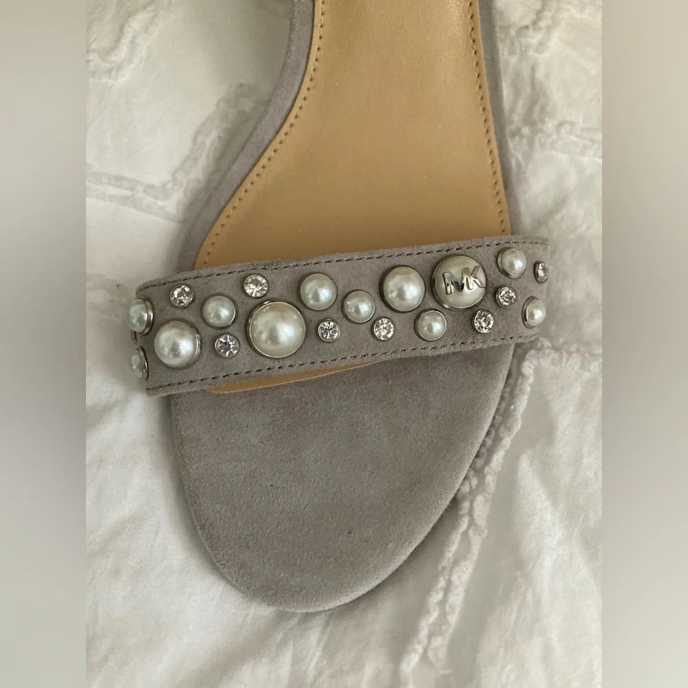 Michael Kors Gray Suede Pearl-Embellished Ankle Strap Heels